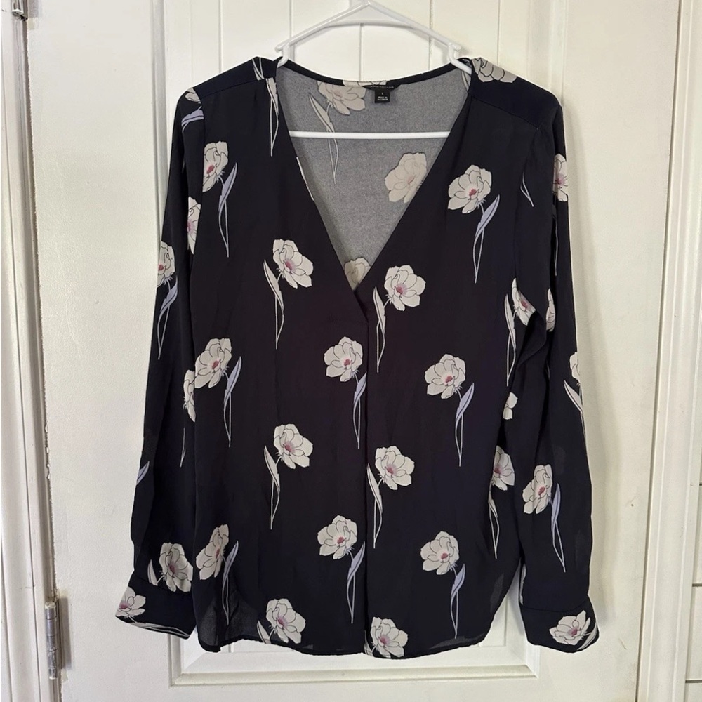 Ann Taylor navy Blouse with White Floral Pattern